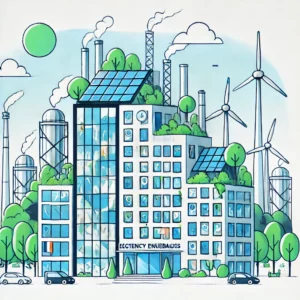 illustration simplifiée sans êtres vivants et sans texte, montrant un bâtiment de bureaux en transition vers l'efficacité énergétique (Décret Tertiaire).